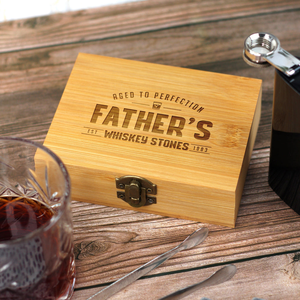 Personalised Dad's Whisky Stones Set with Metal Tong & 9 Soapstone Ice Cubes