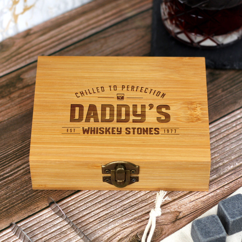 Personalised Dad's Whisky Stones Set with Metal Tong & 9 Soapstone Ice Cubes