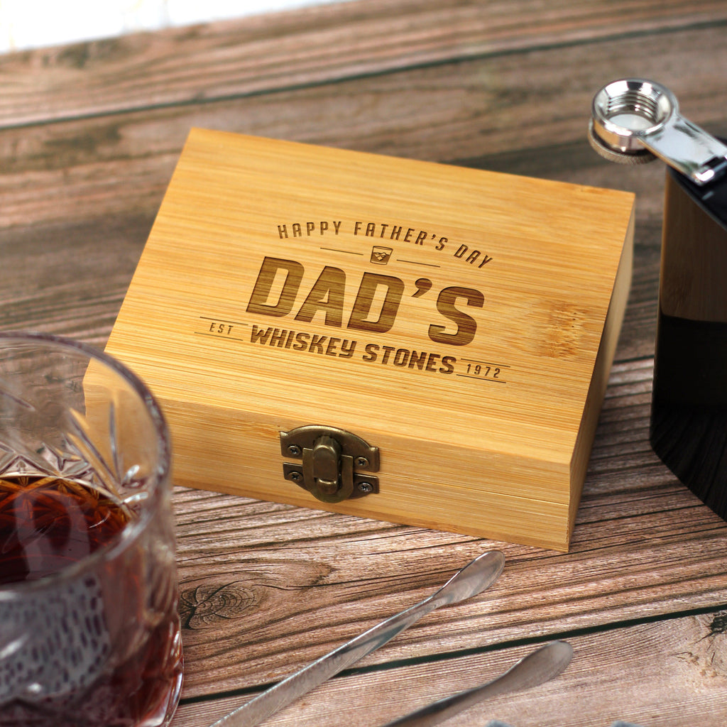 Personalised Dad's Whisky Stones Set with Metal Tong & 9 Soapstone Ice Cubes