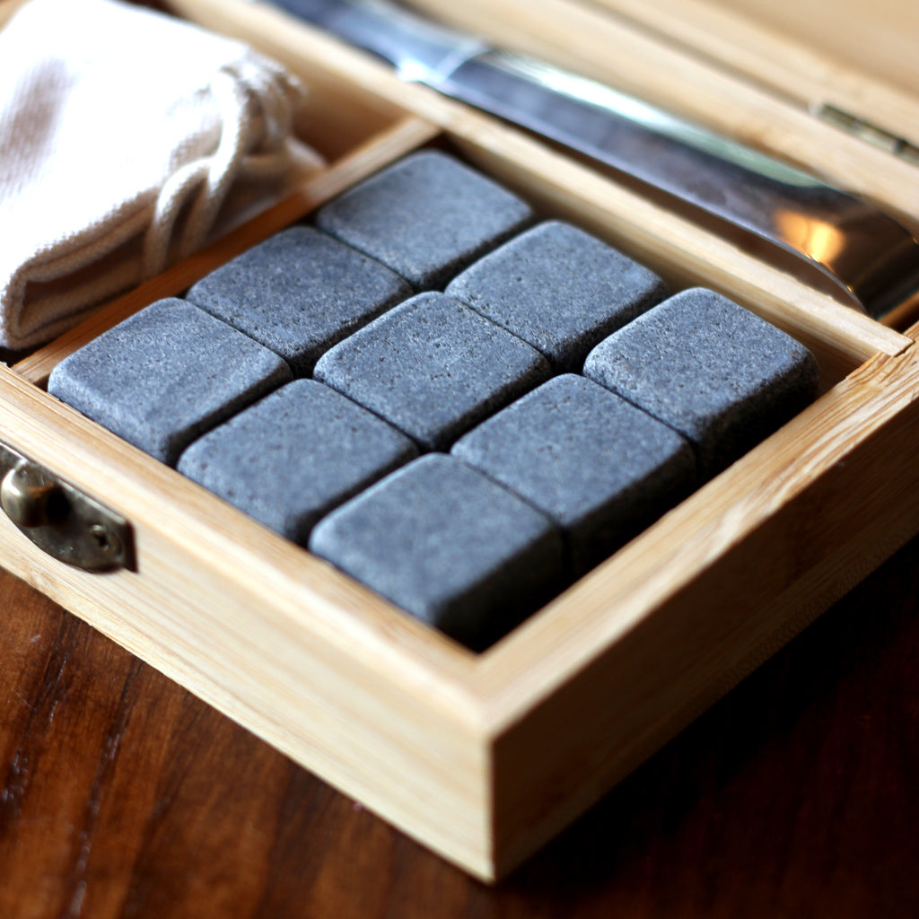 Personalised Whiskey Stones Kit with Metal Tong & 9 Soapstone Ice Cubes - Wedding Role