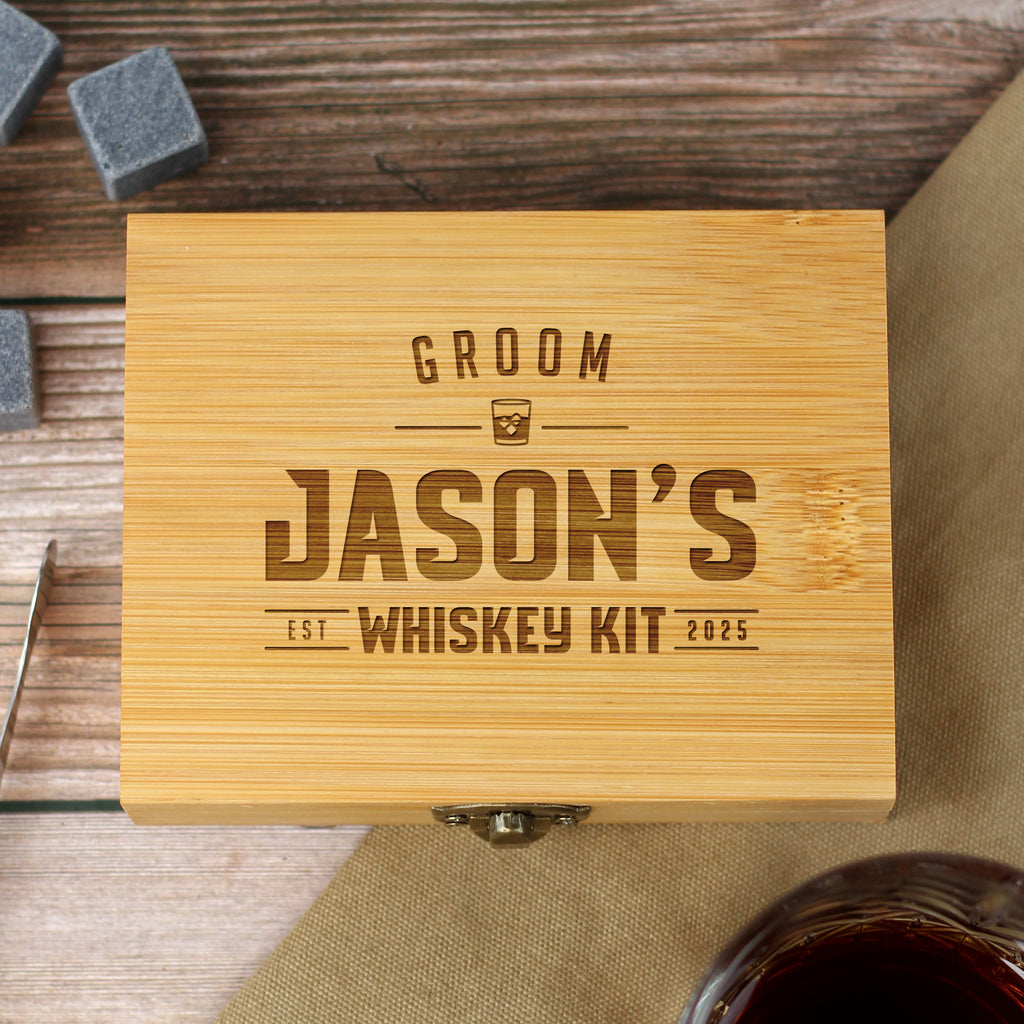 Personalised Whiskey Stones Kit with Metal Tong & 9 Soapstone Ice Cubes - Wedding Role