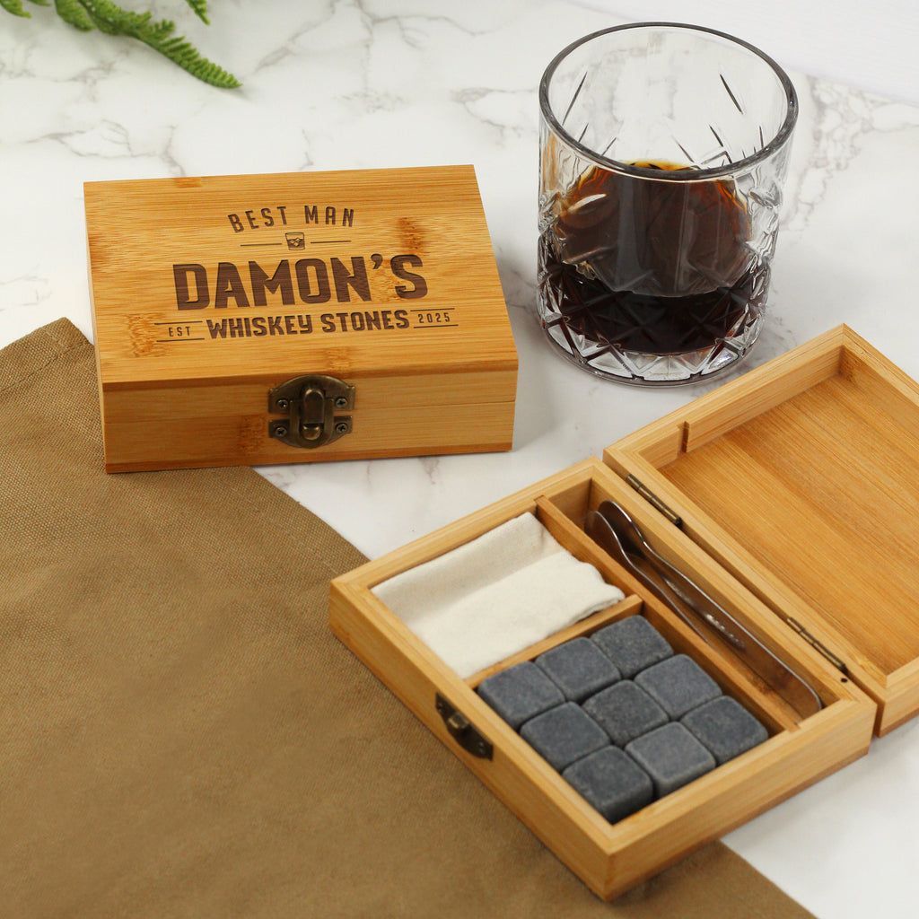 Personalised Whiskey Stones Kit with Metal Tong & 9 Soapstone Ice Cubes - Wedding Role