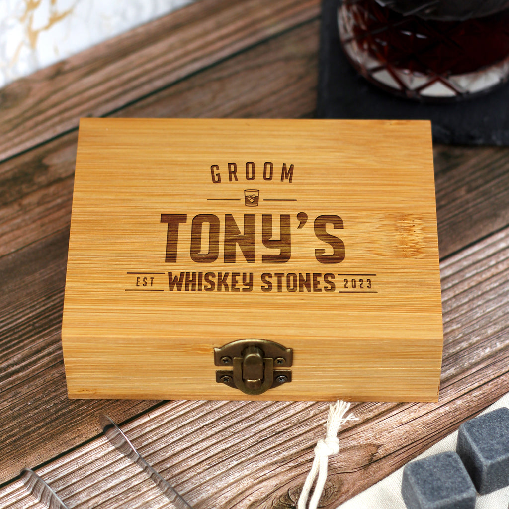 Personalised Whiskey Stones Kit with Metal Tong & 9 Soapstone Ice Cubes - Wedding Role