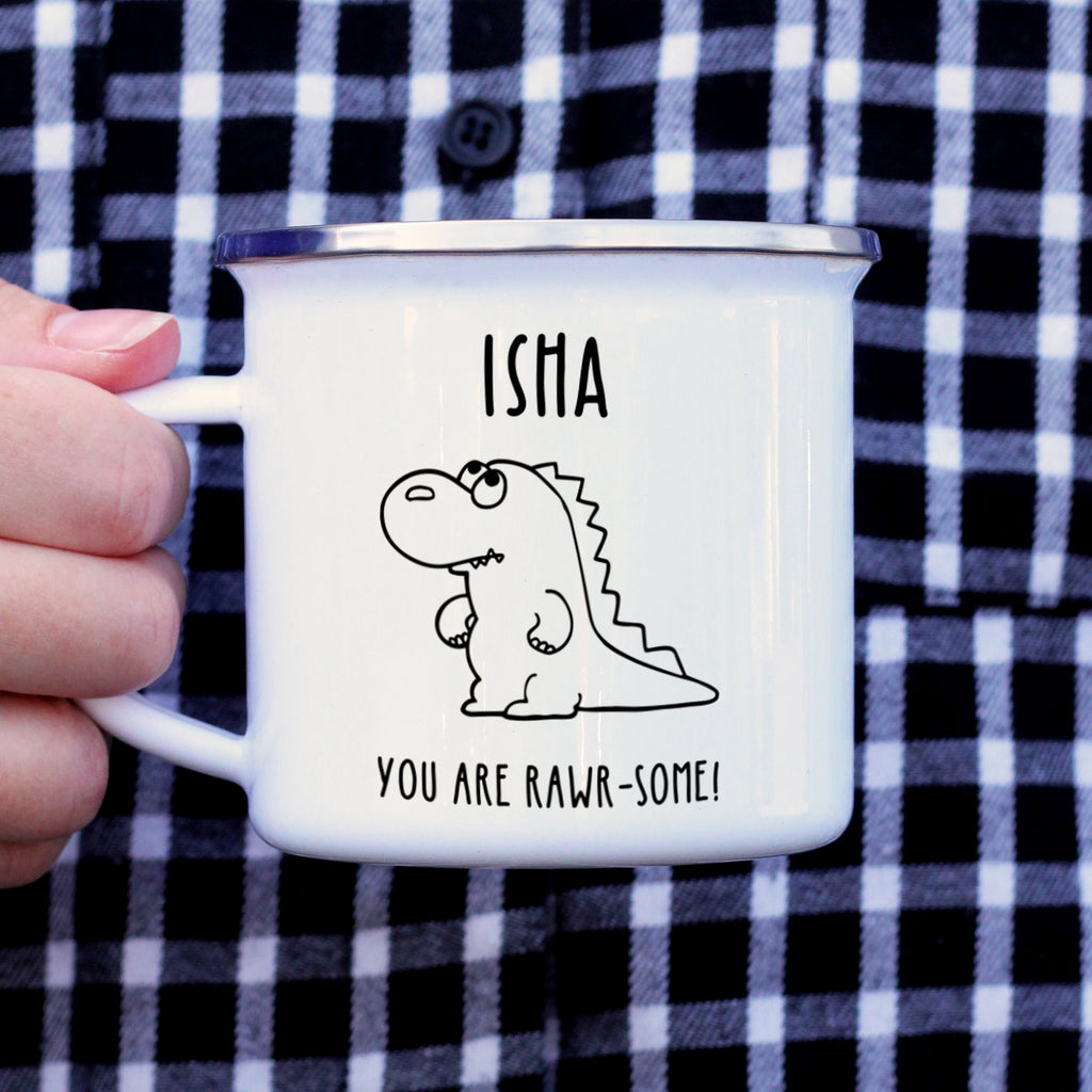 Personalised Metal Dinosaur Enamel Mug, 13oz - You Are Rawr-Some!