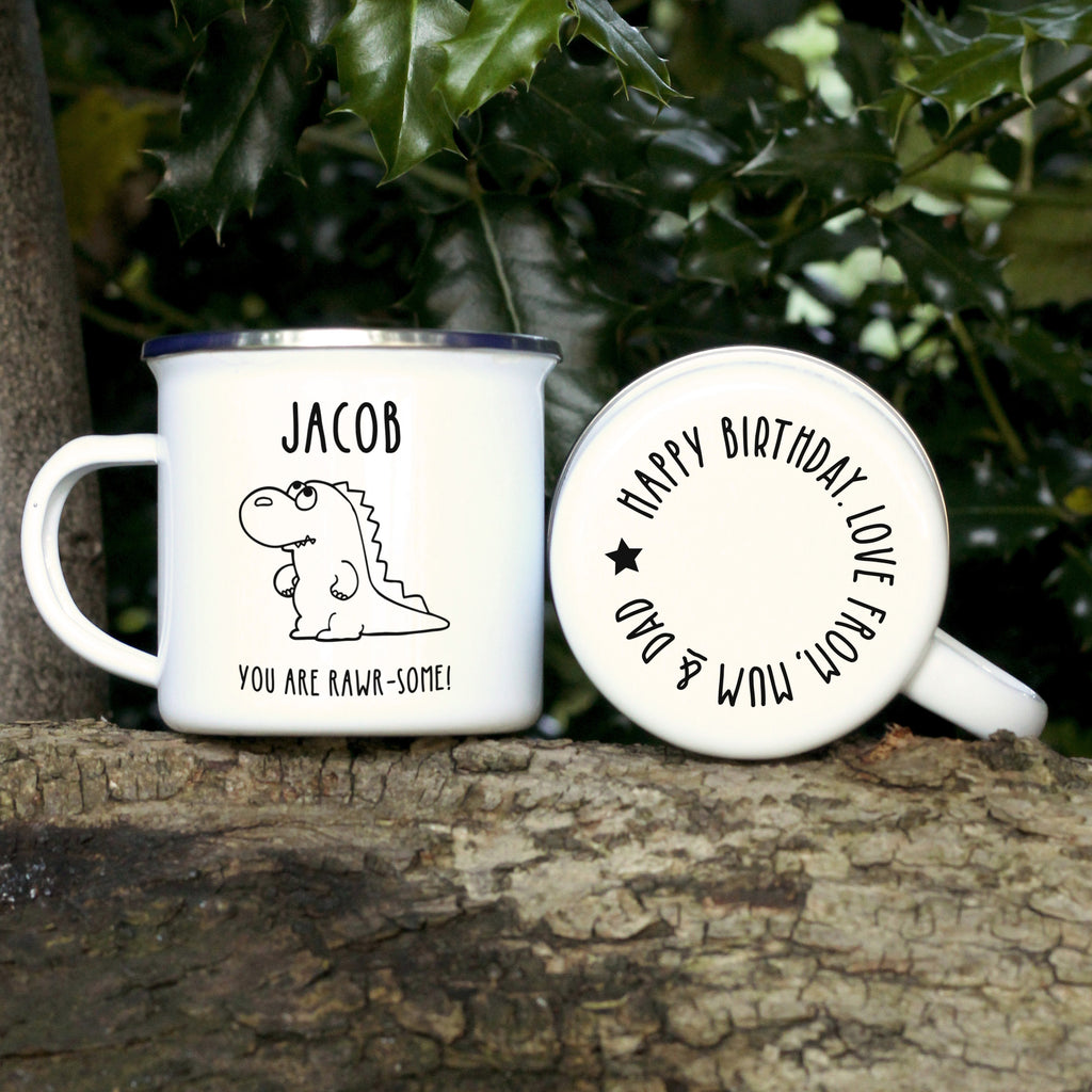 Personalised Metal Dinosaur Enamel Mug, 13oz - You Are Rawr-Some!