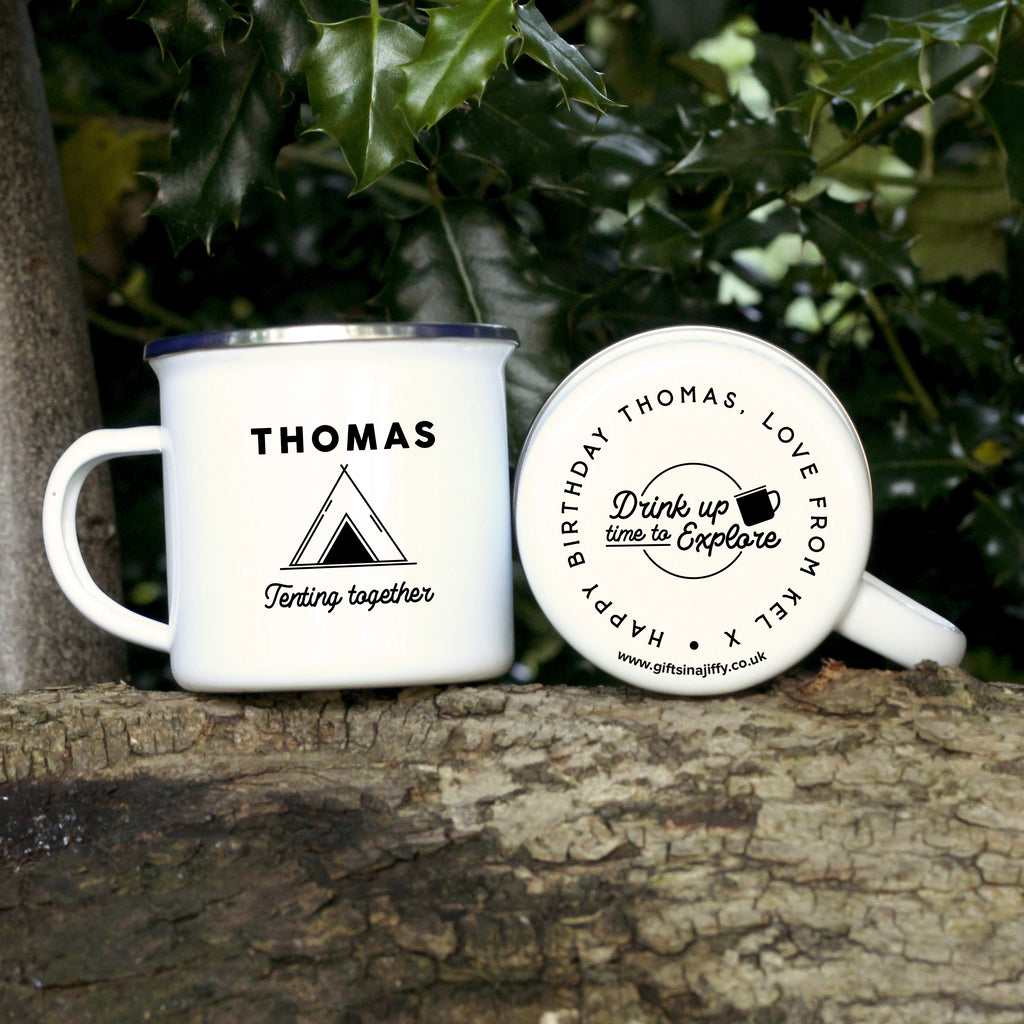 Personalised Camping Mug, 13 oz Metal Enamel Mug with Chrome Rim