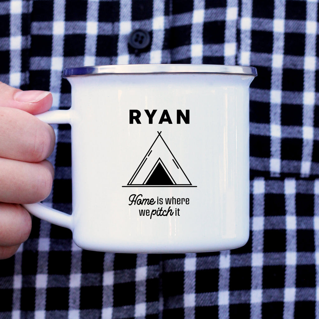 Personalised Camping Mug, 13 oz Metal Enamel Mug with Chrome Rim