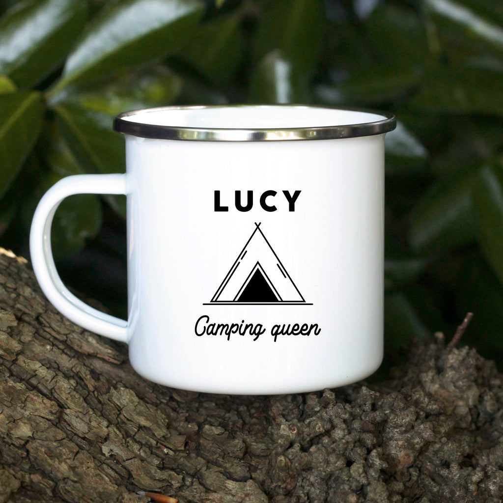 Personalised Camping Mug, 13 oz Metal Enamel Mug with Chrome Rim