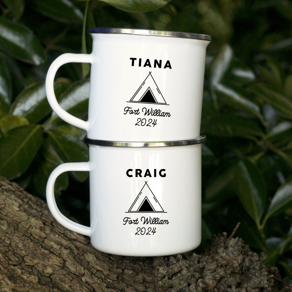 Personalised Camping Mug, 13 oz Metal Enamel Mug with Chrome Rim