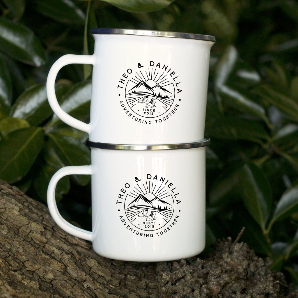 Personalised 'Adventuring Together' Mug, 13 oz Metal Enamel Mug - Walking Boots