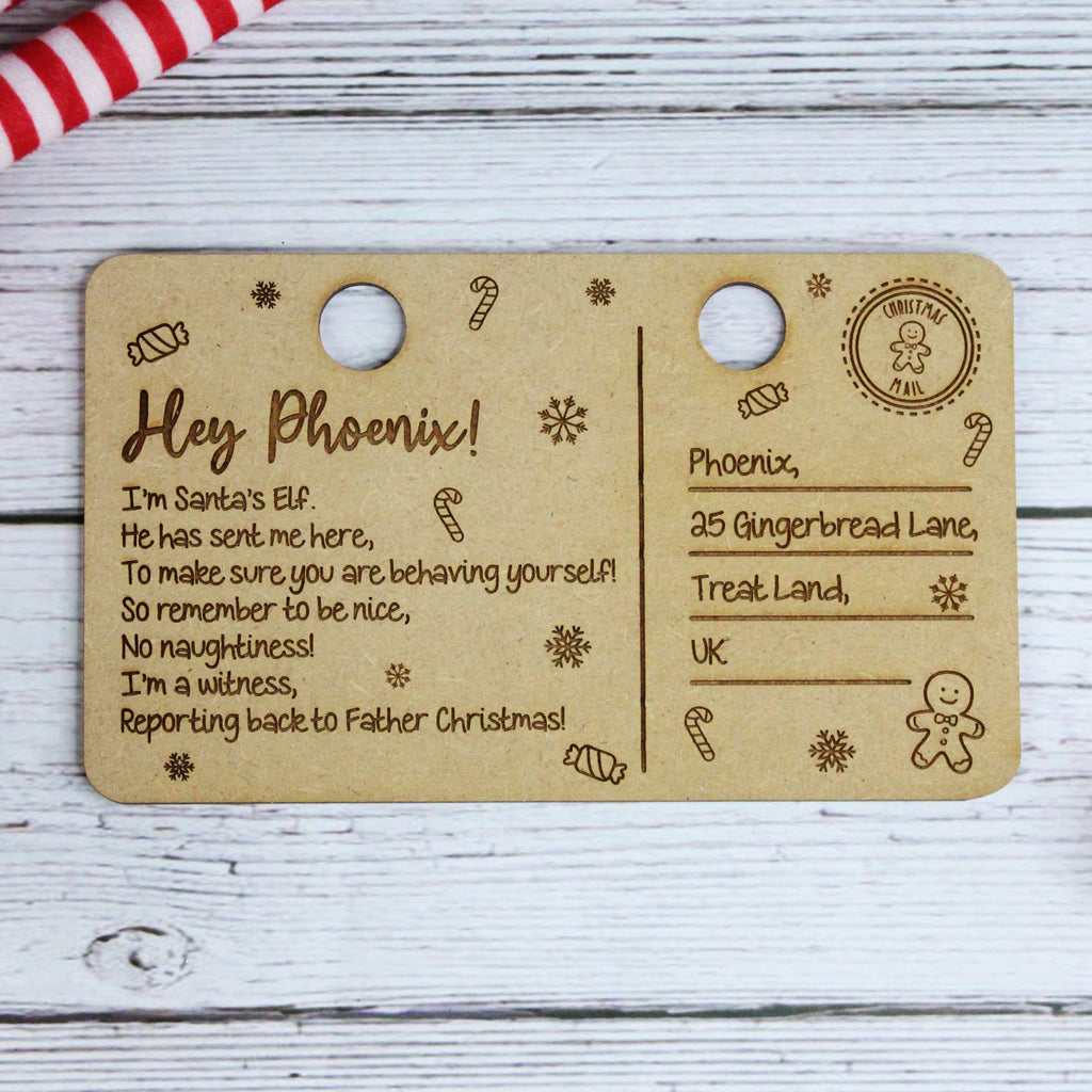 Personalised Wooden Elf Arrival Christmas Card with Girl or Boy Elf