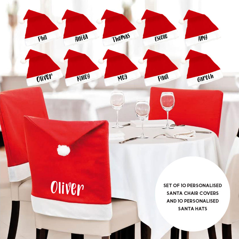 Personalised Santa Hat Chair Covers & Christmas Hat Set
