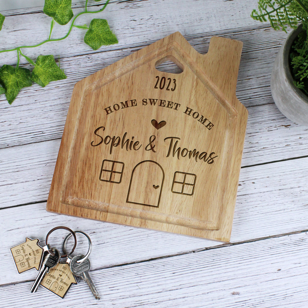 Personalised 'Home Sweet Home' House Shaped Board with Matching Keyring Option