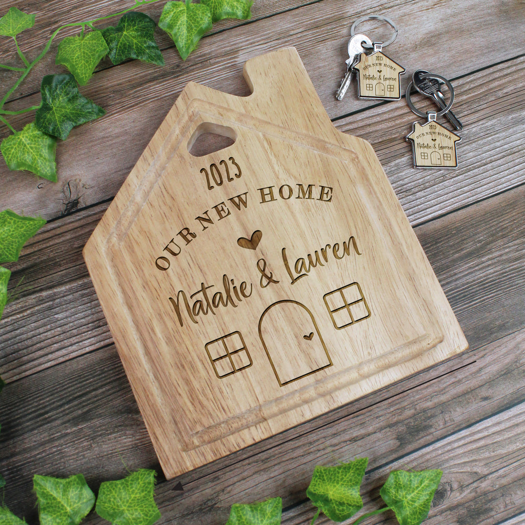 Personalised 'Our New Home' House Shaped Board with Matching Keyring Option