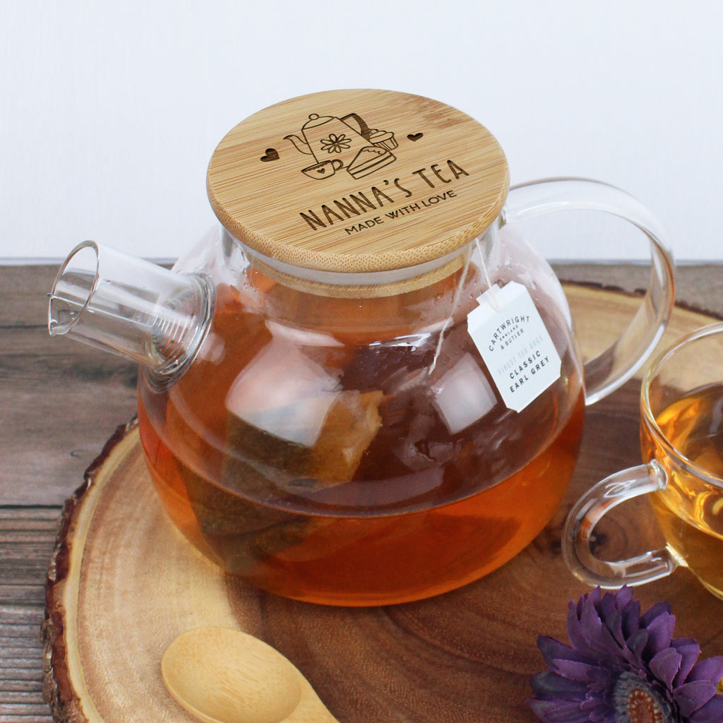 Personalised Borosilicate 'Grandma's Tea' Glass Tea Pot with Polished Bamboo Lid
