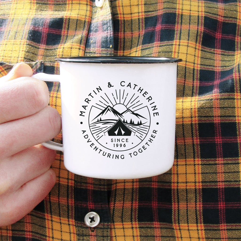 Personalised 'Adventuring Together' Mug, 13 oz Metal Enamel Mug