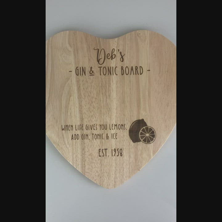Personalised Wooden Love Heart Shaped Gin & Tonic Chopping Board