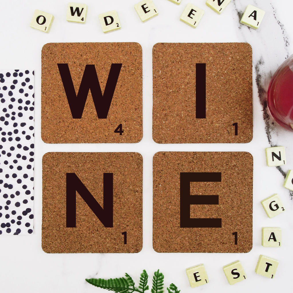 Set of 4 Cork Scrabble Letter Tile Alphabet Drinks Coasters - WINE