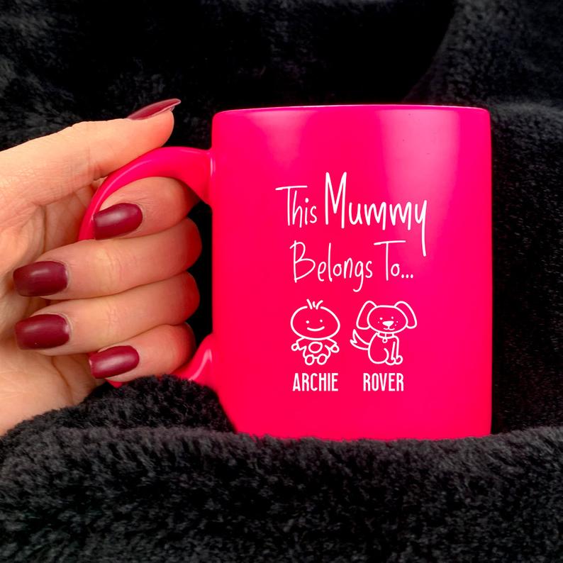 Personalised "This Mummy Belongs To" Neon Mug. Available in Pink & Green