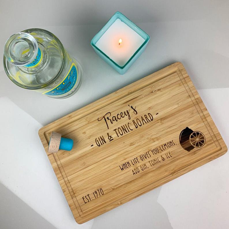 Personalised Gin & Tonic Wooden Chopping Board -When Life Gives You Lemons add Gin, Tonic & Ice