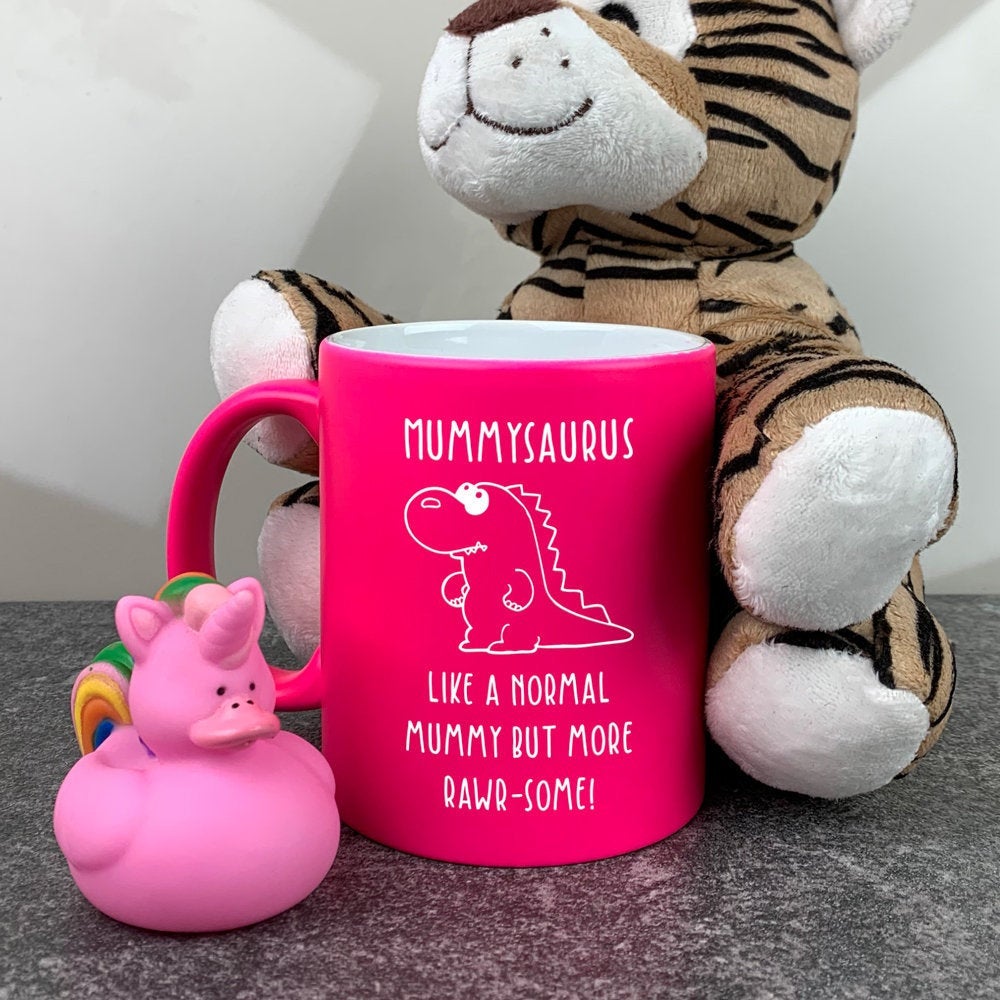 Personalised "Mummysauras - Like A Normal Mummy But More Rawr-Some" Dinosaur Mug. Available in Pink & Green