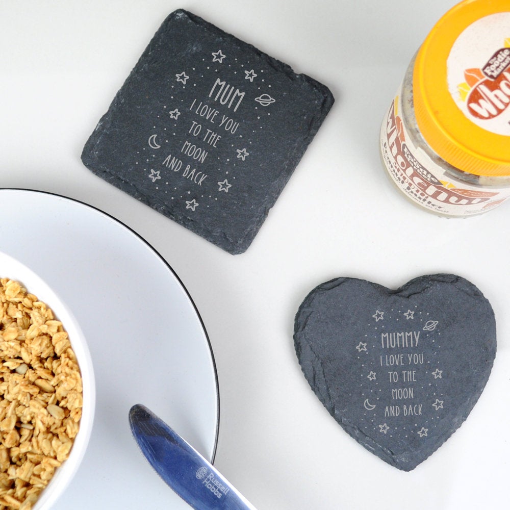 Personalised Natural Slate Coaster 'I Love You To The Moon And Back' - Heart / Square Drinks Mat Gift for Mum, Mummy