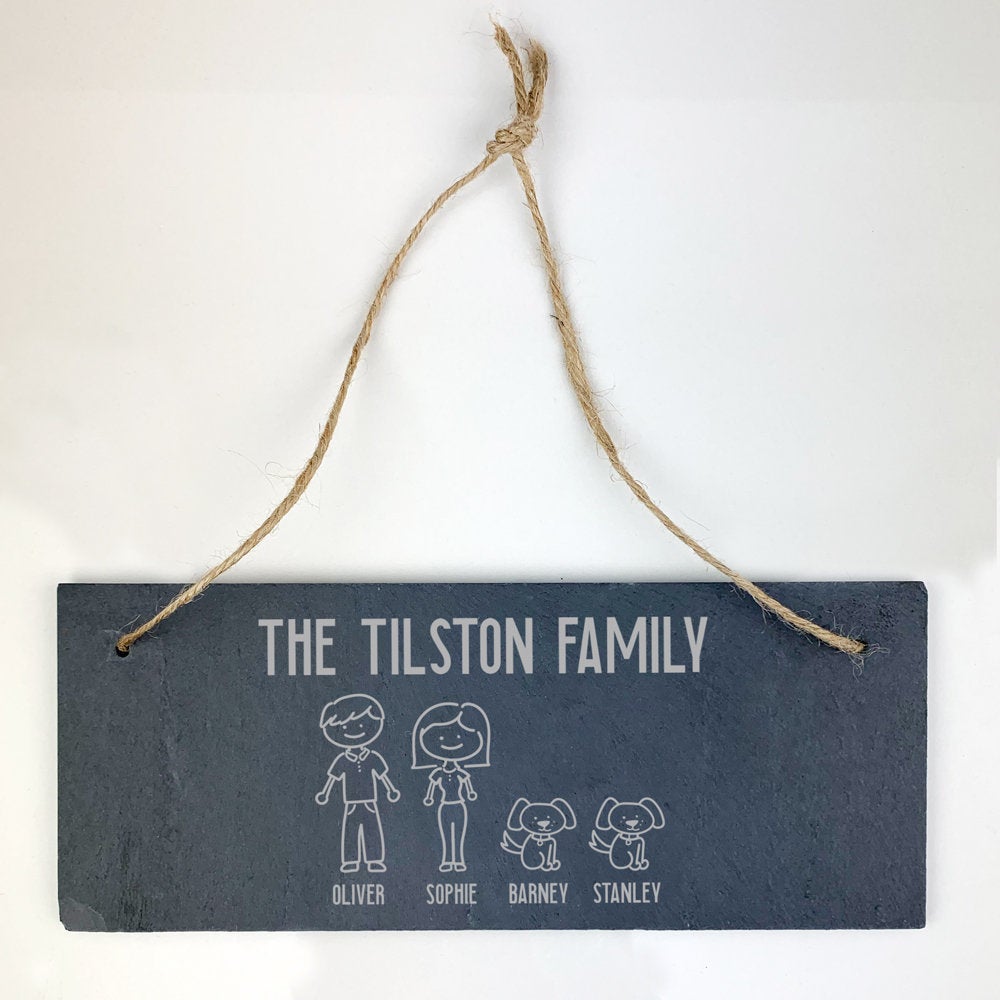 Personalised Custom Hand Drawn Family Portrait on a Slate Hanging Decoration
