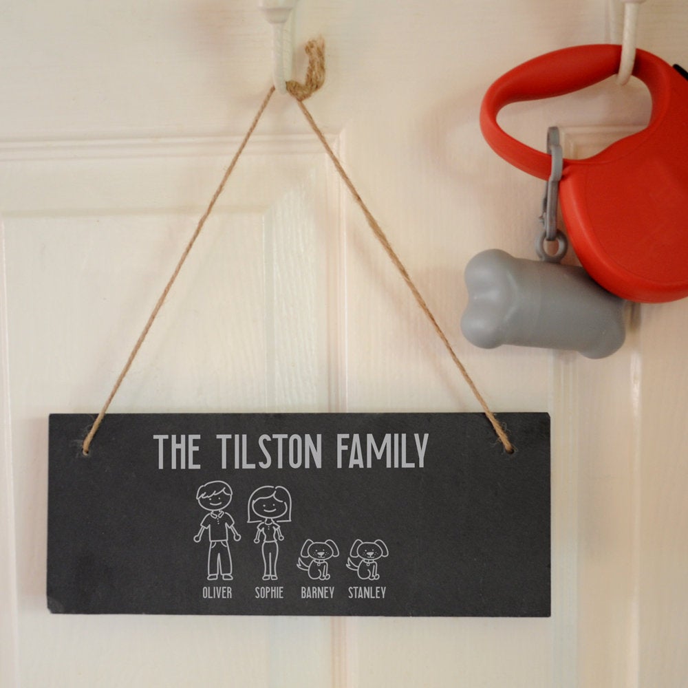 Personalised Custom Hand Drawn Family Portrait on a Slate Hanging Decoration