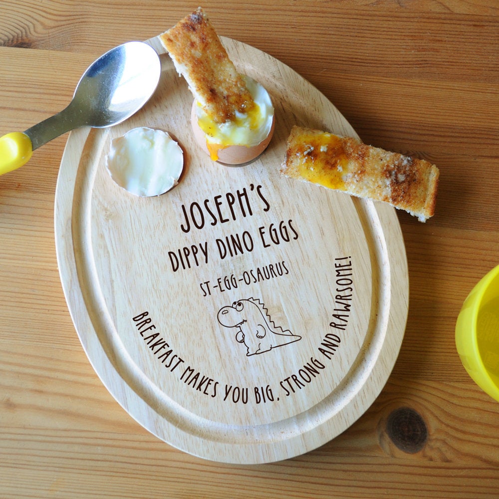 Personalised 'Dippy Dino Eggs' Dippy Eggs & Soldiers Wooden Breakfast Board