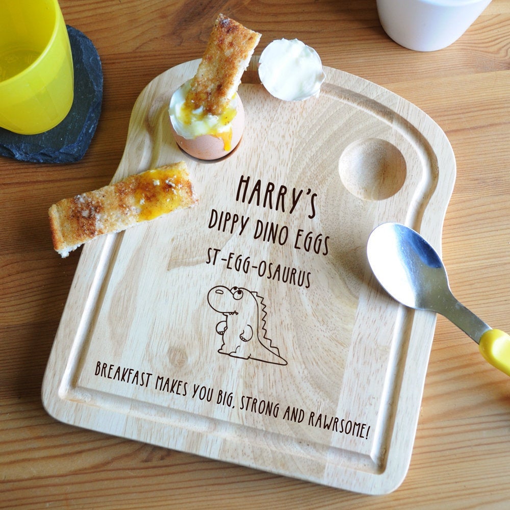 Dinosaur Themed Personalised 'Dippy Dino Eggs' Toast Shaped Breakfast Board for Dippy Egg & Soldiers