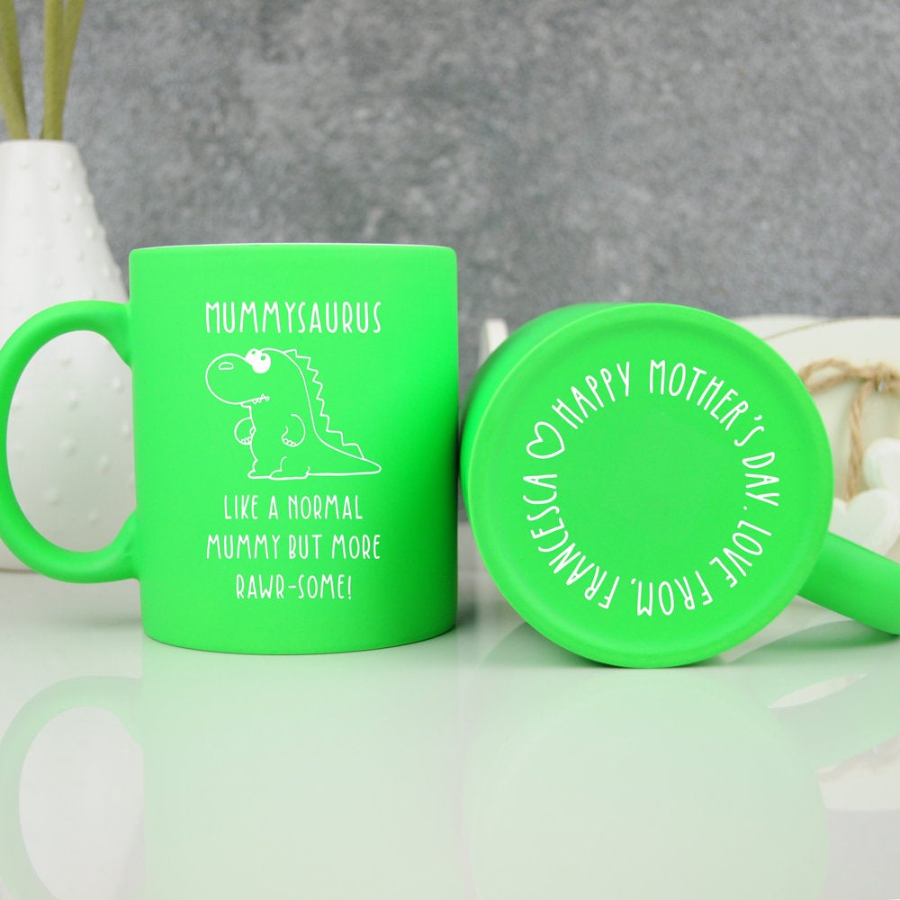 Personalised "Mummysauras - Like A Normal Mummy But More Rawr-Some" Dinosaur Mug. Available in Pink & Green