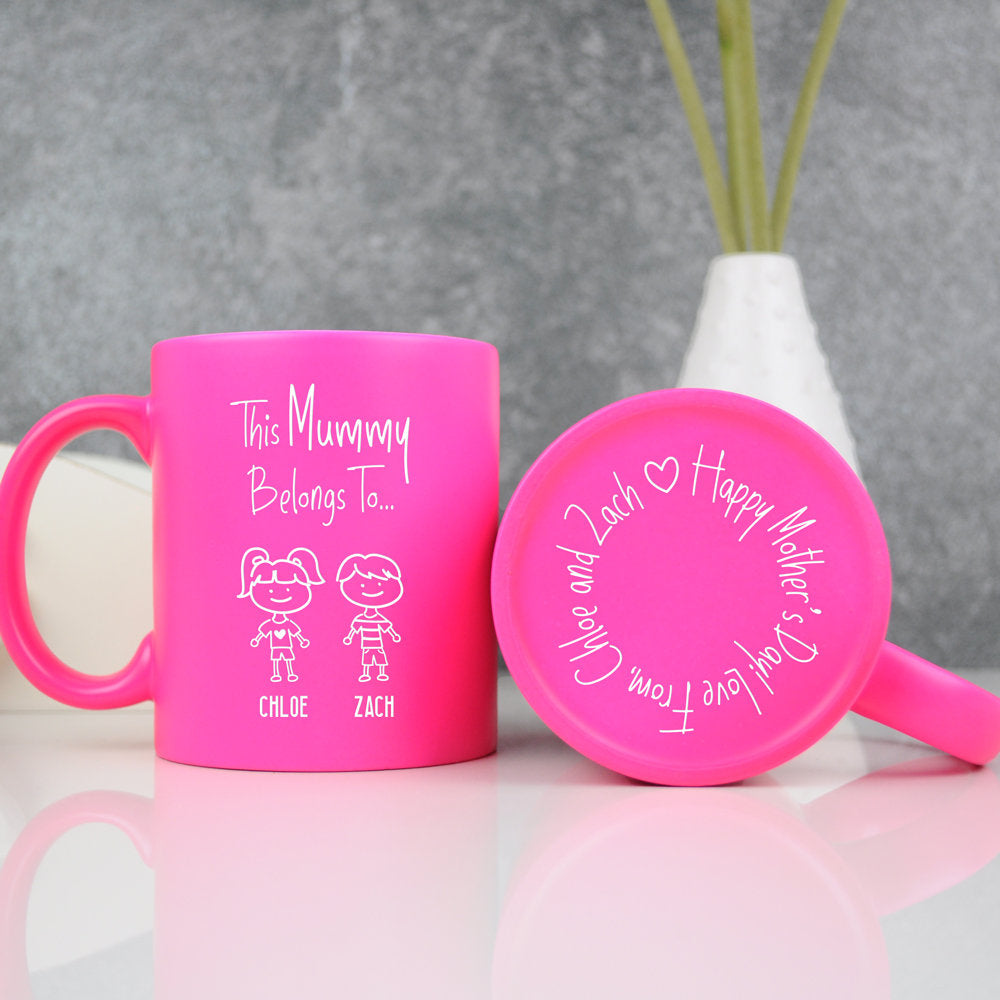 Personalised "This Mummy Belongs To" Neon Mug. Available in Pink & Green