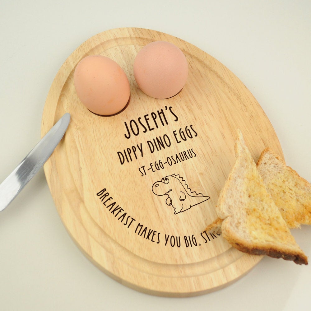 Personalised 'Dippy Dino Eggs' Dippy Eggs & Soldiers Wooden Breakfast Board