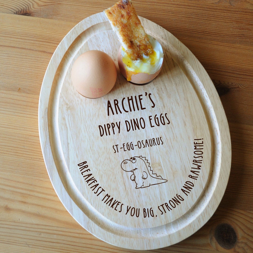 Personalised 'Dippy Dino Eggs' Dippy Eggs & Soldiers Wooden Breakfast Board