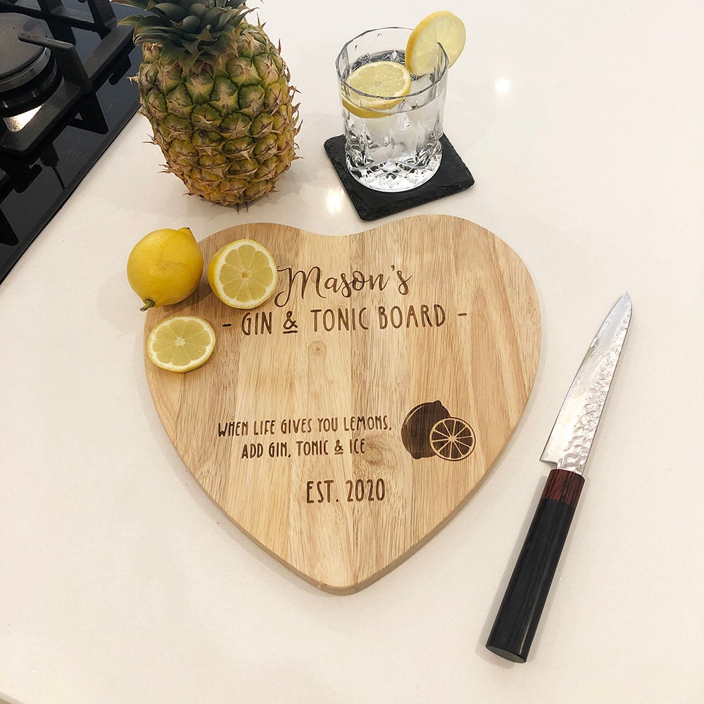 Personalised Wooden Love Heart Shaped Gin & Tonic Chopping Board