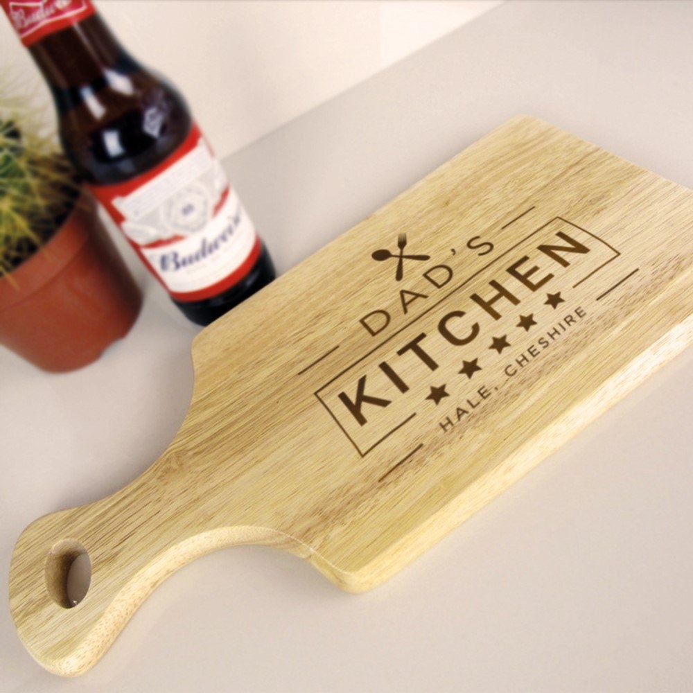 Personalised 'Dad's 5 Star Kitchen' Paddle Shaped Wooden Chopping Board