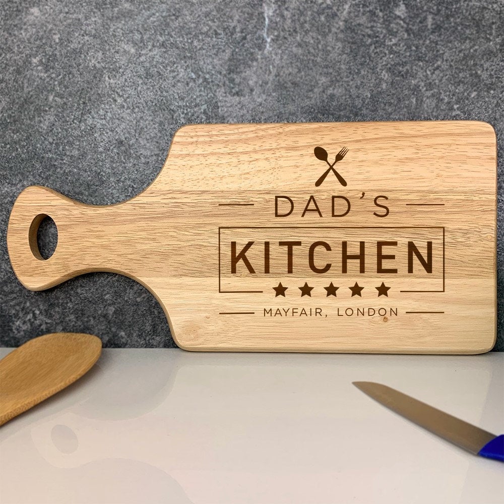 Personalised 'Dad's 5 Star Kitchen' Paddle Shaped Wooden Chopping Board