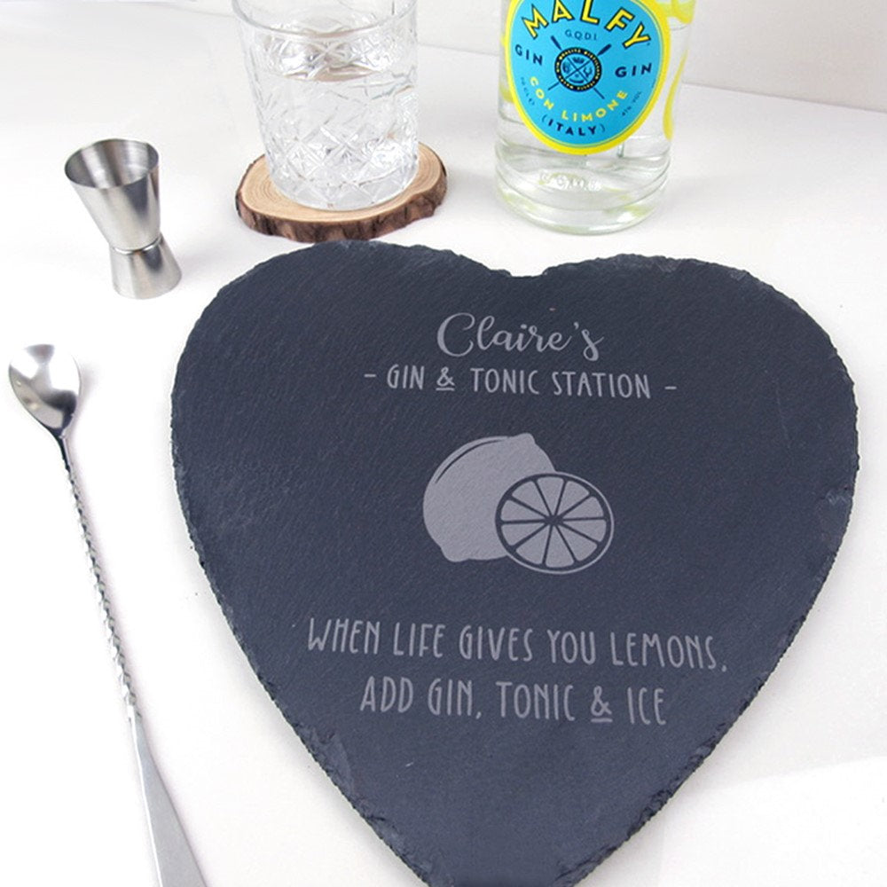 Personalised G & T Slate Heart Chopping Board - When Life Gives You Lemons, Add Gin, Tonic and Ice