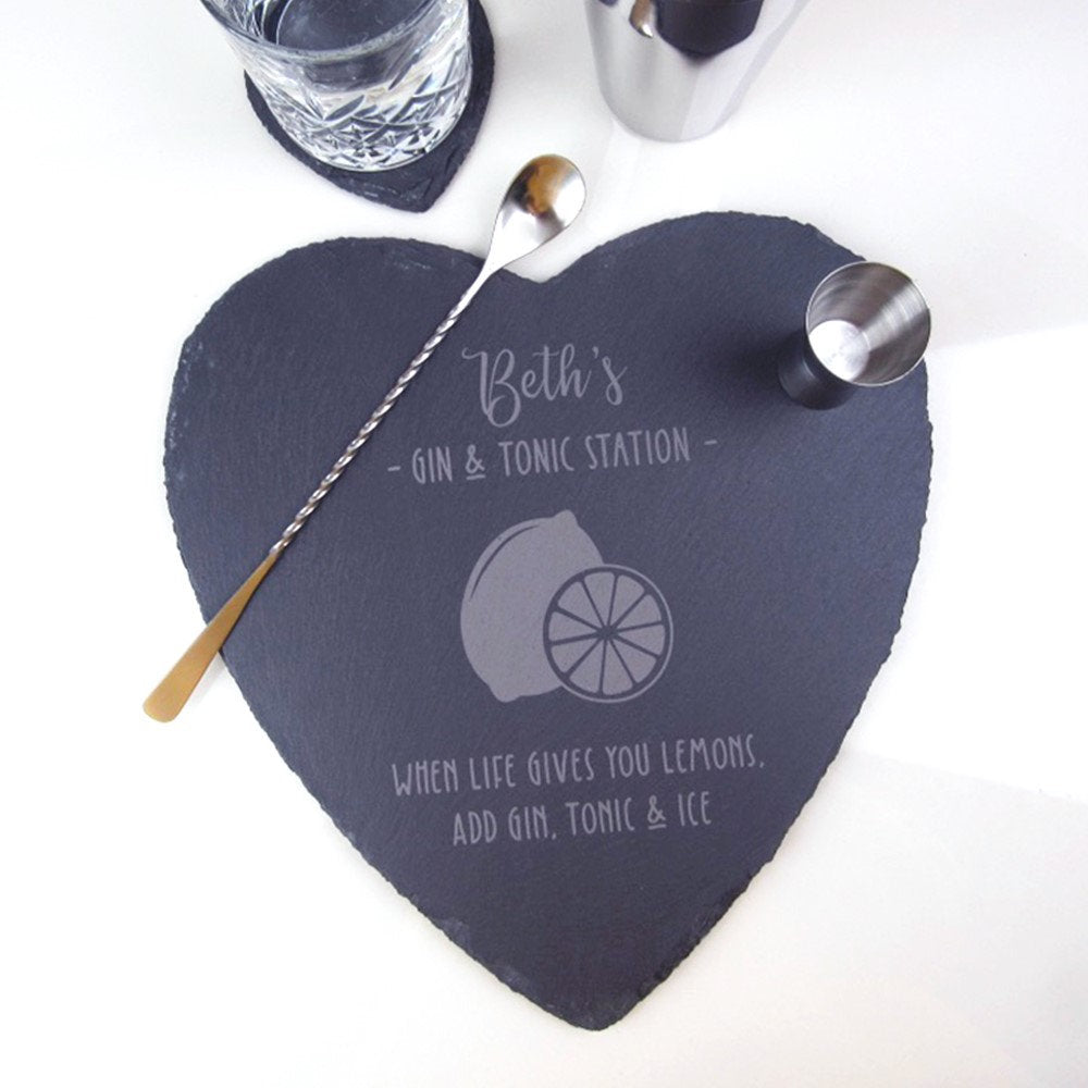 Personalised G & T Slate Heart Chopping Board - When Life Gives You Lemons, Add Gin, Tonic and Ice