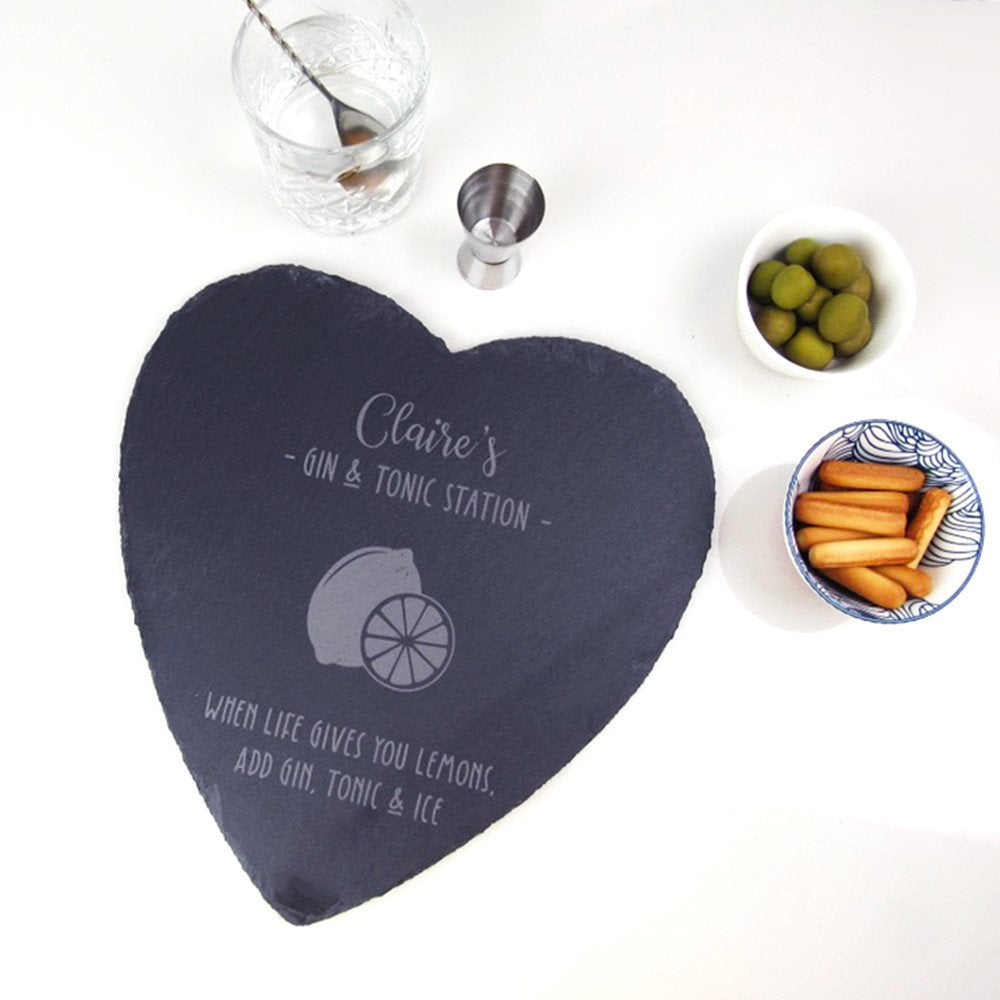 Personalised G & T Slate Heart Chopping Board - When Life Gives You Lemons, Add Gin, Tonic and Ice