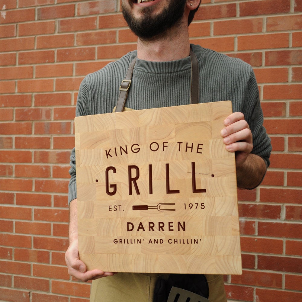 Personalised 'King Of The Grill' Large End Grain Wooden Chopping Board/ Butchers Block