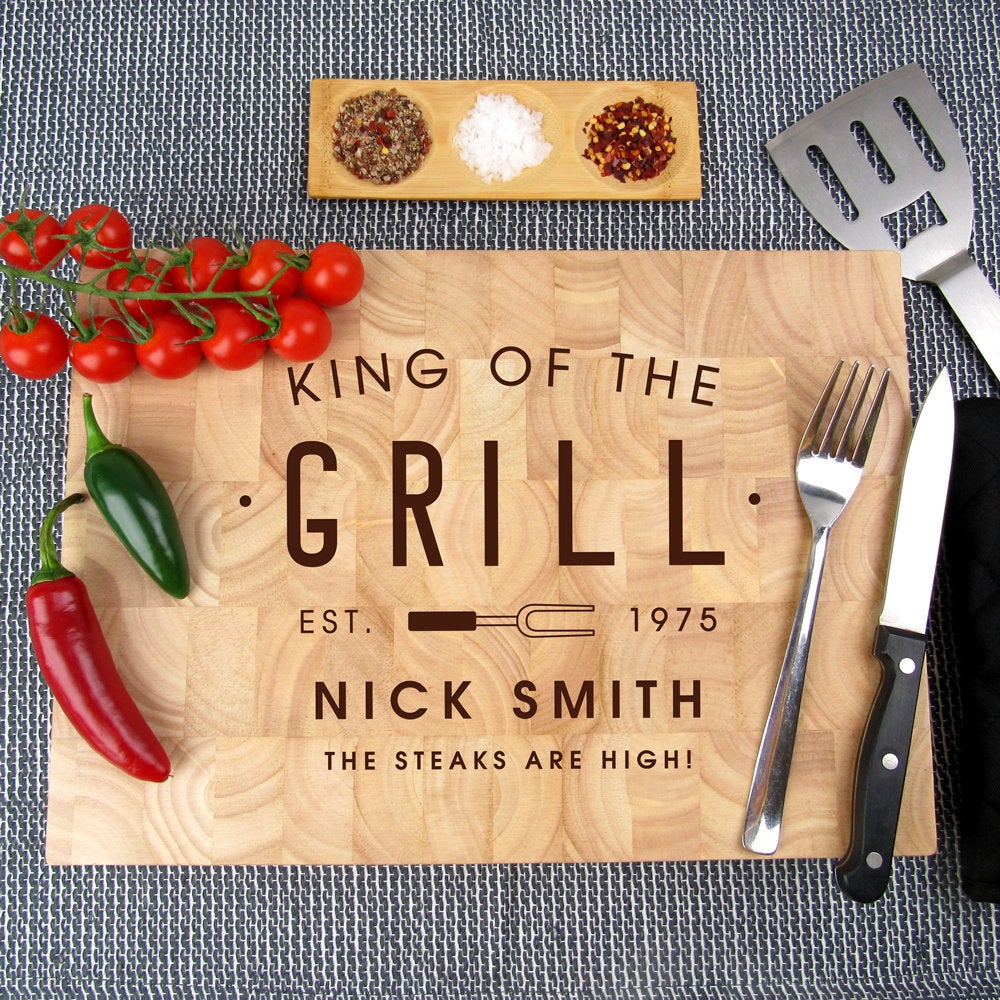 Personalised 'King Of The Grill' Chopping Board Large Wooden End Grain Butchers Block