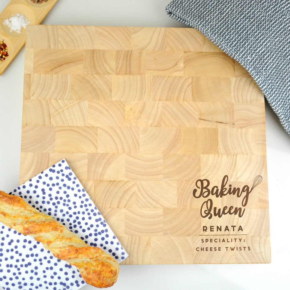 Large Personalised 'Baking Queen' Wooden End Grain Chopping Board