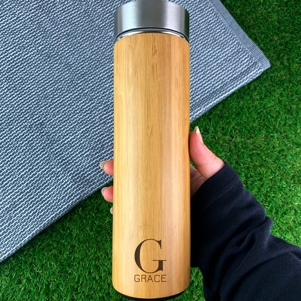 Personalised 500ml Eco Bamboo Travel Flask Insulated Drinks Bottle - Custom Initial and Name