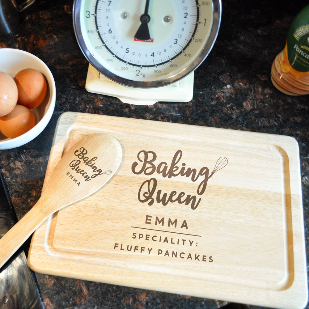 Personalised Wooden 'Baking Queen' Chopping Board Set with Mixing Spoon