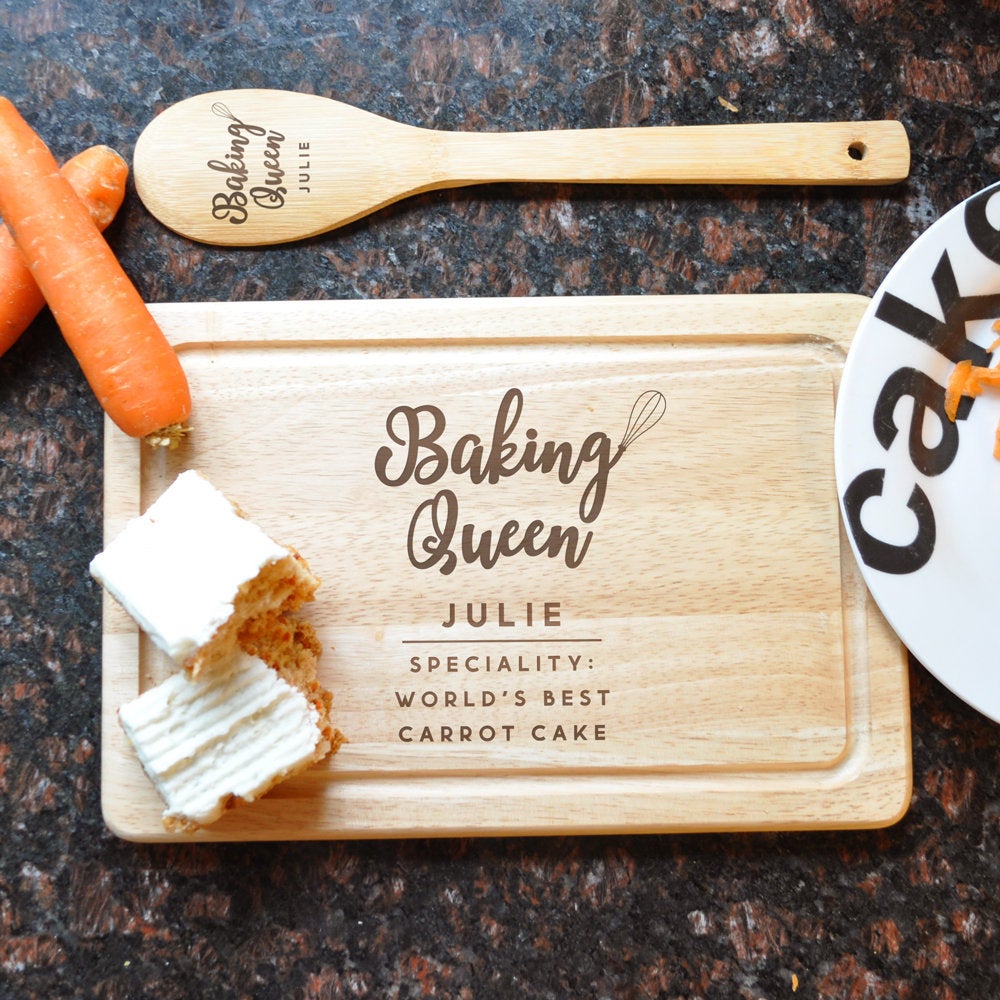 Personalised 'Baking Queen' Set - Includes a Wooden Presentation/ Cutting Board and Matching Wooden Spoon
