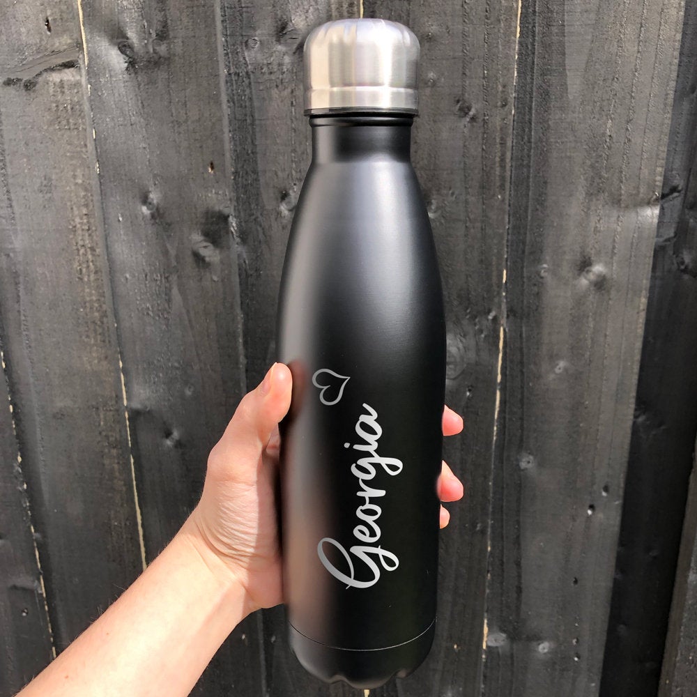 Personalised Metal Water Bottle Love Heart Design 500ml Insulated Vacuum Flask - 12 Hours Hot & 24 Cold