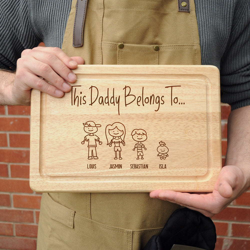 Personalised "This Daddy Belongs To" Wooden Hand Drawn Family Portrait Chopping Board