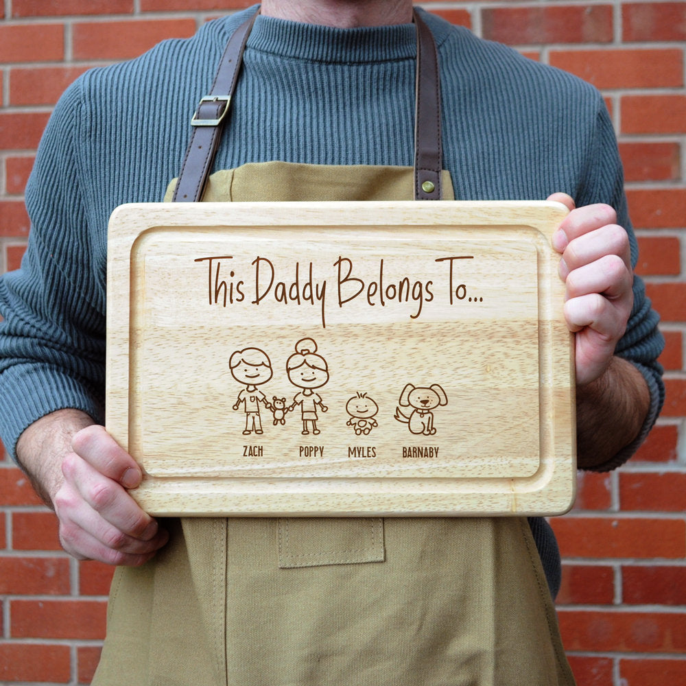 Personalised "This Daddy Belongs To" Wooden Hand Drawn Family Portrait Chopping Board