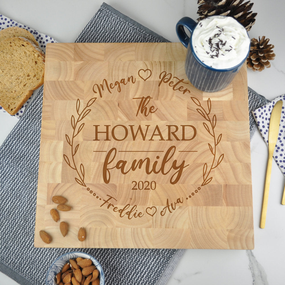 Personalised Wooden Endgrain Chopping Board - Engraved with Names, Family Name & Year